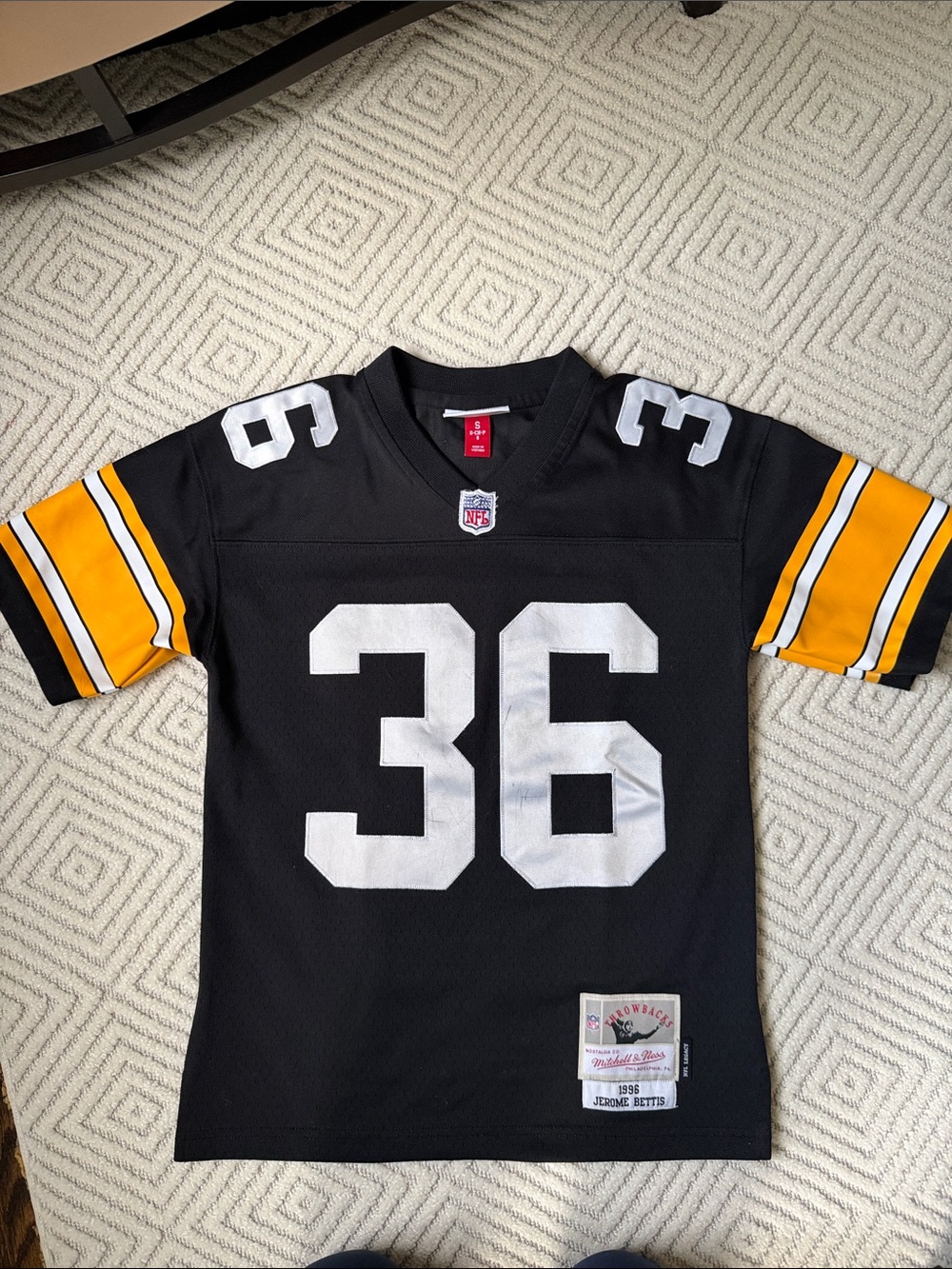 Mitchell & Ness Black and Yellow Kids Football Jersey #36 Jerome Bettis